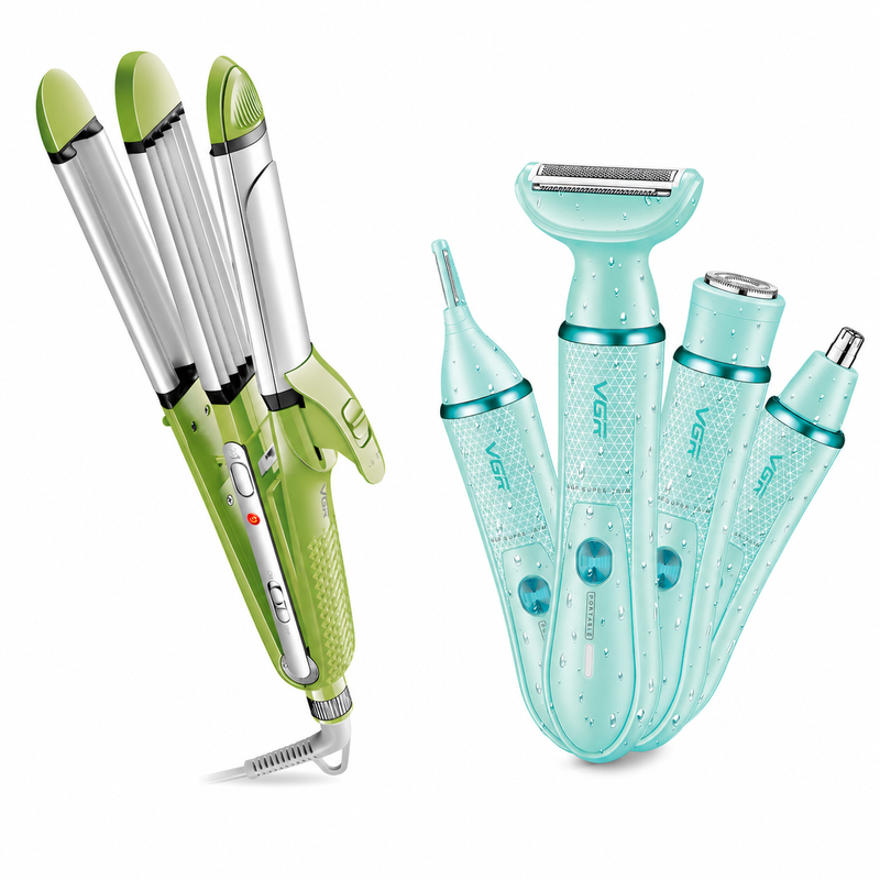 VGR V-569 4-in-1 Hair Styler & V-761 4-in-1 Lady Shaver Professional Grooming Combo, Green & Blue Image