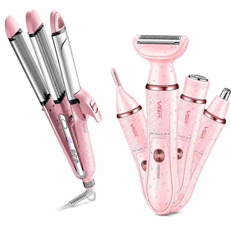 VGR V-563 4-in-1 Hair Beauty Styler & V-761 4-in-1 Lady Shaver Professional Grooming Combo, Pink Image