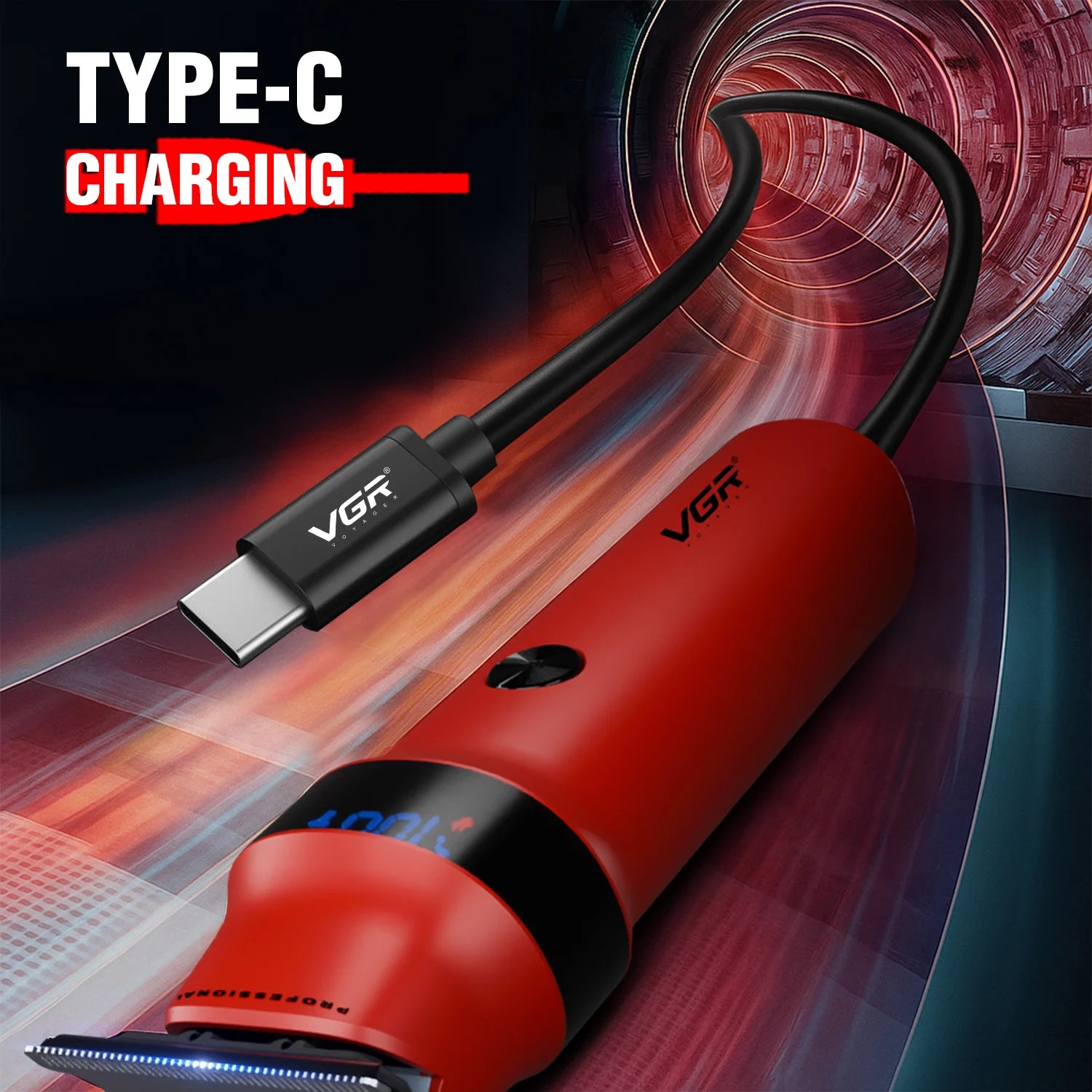Red electric shaver with Type-C charging cable on a dynamic background