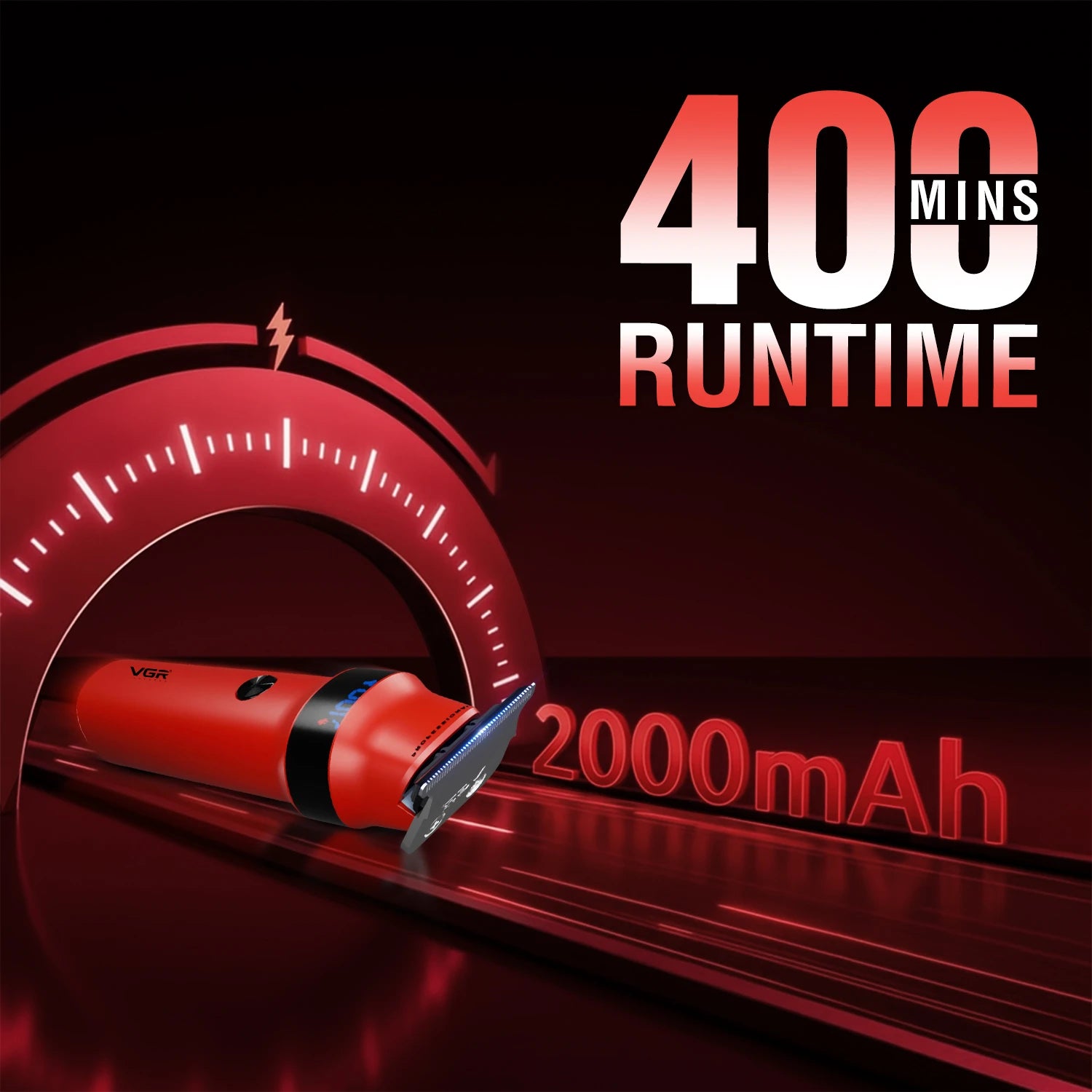 Red tool with a timer and '400 Mins Runtime' and '2000mAh' text on a dark background