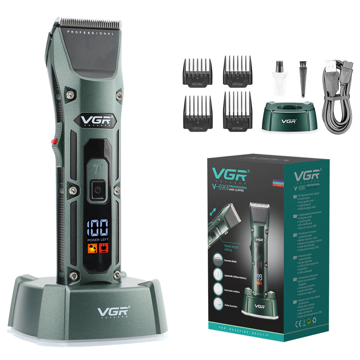 VGR V-696 Hair Clipper for Men in green color with various accessories including a USB charging cable, multiple attachment combs, and a cleaning brush, alongside the product packaging.