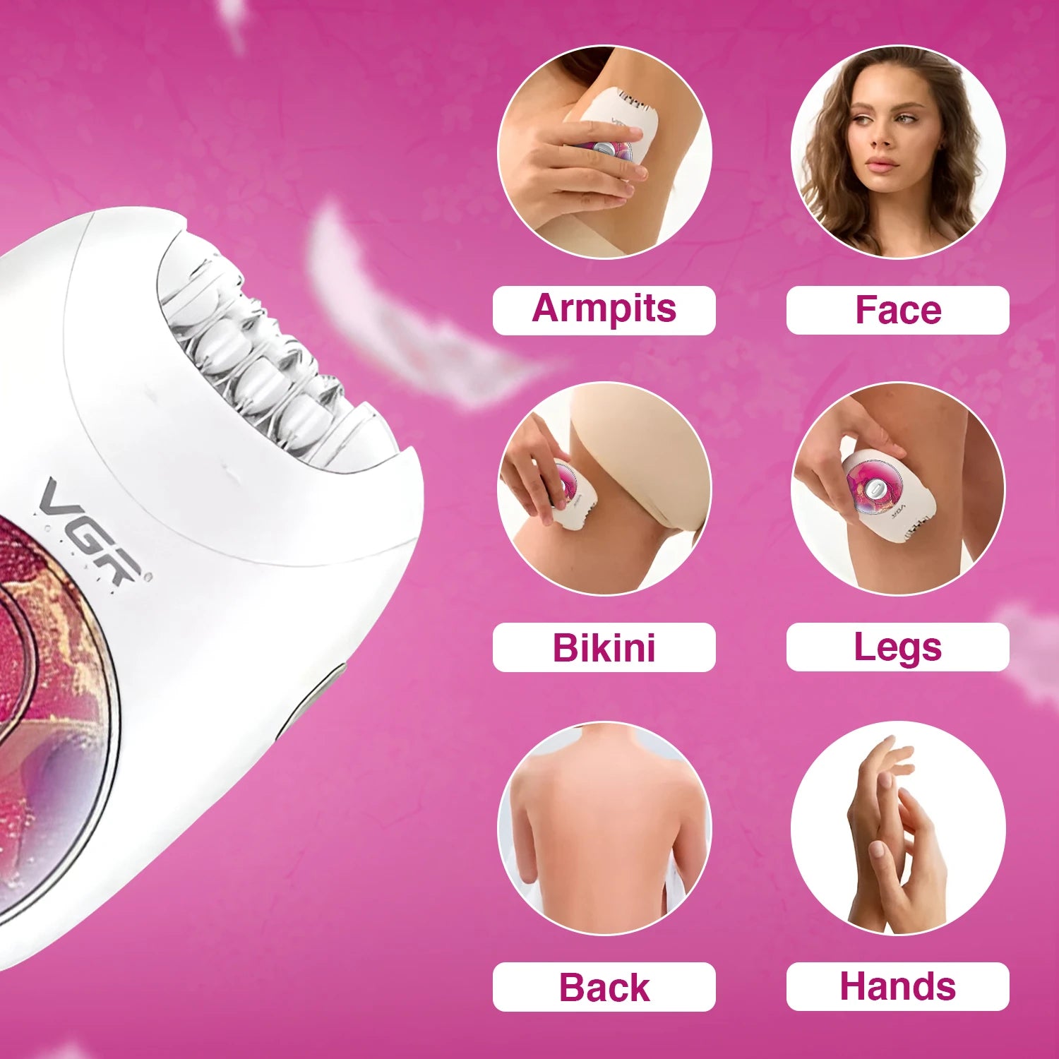 VGR hair removal device with usage examples on a pink background