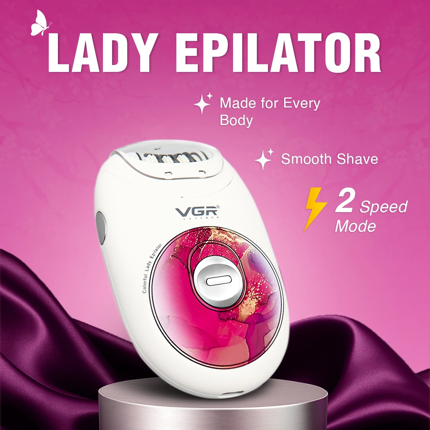 VGR lady epilator on a pink background with text highlighting features