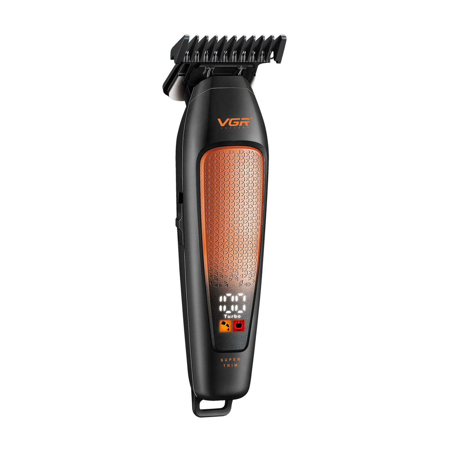 VGR electric hair trimmer with a black body, textured orange grip panel, and black clipper attachment, shown on a solid white background.