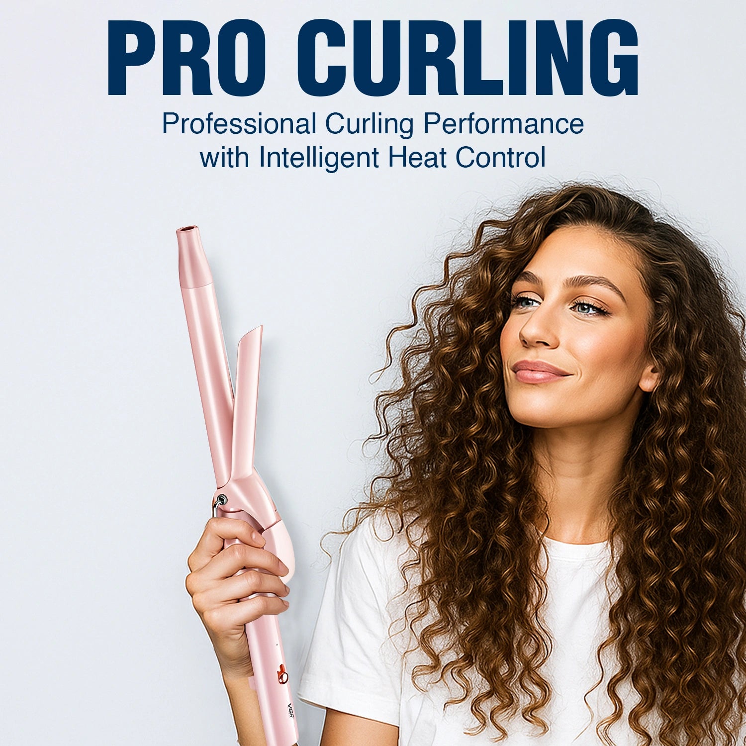 Woman with curly hair holding a pink curling iron against a light blue background with text about professional curling performance.