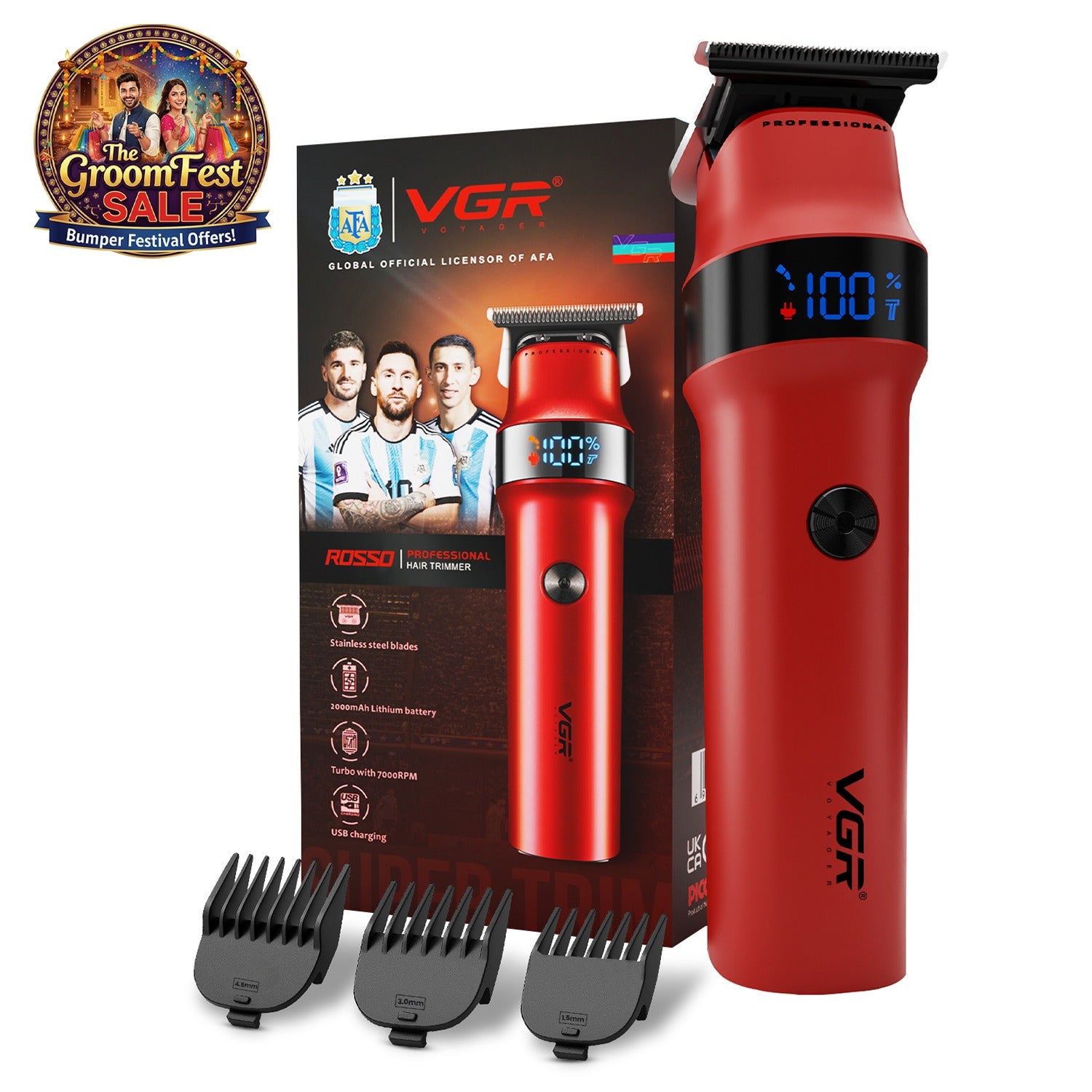 VGR Rosso Professional Beard & Moustache Trimmer for Men (Red)