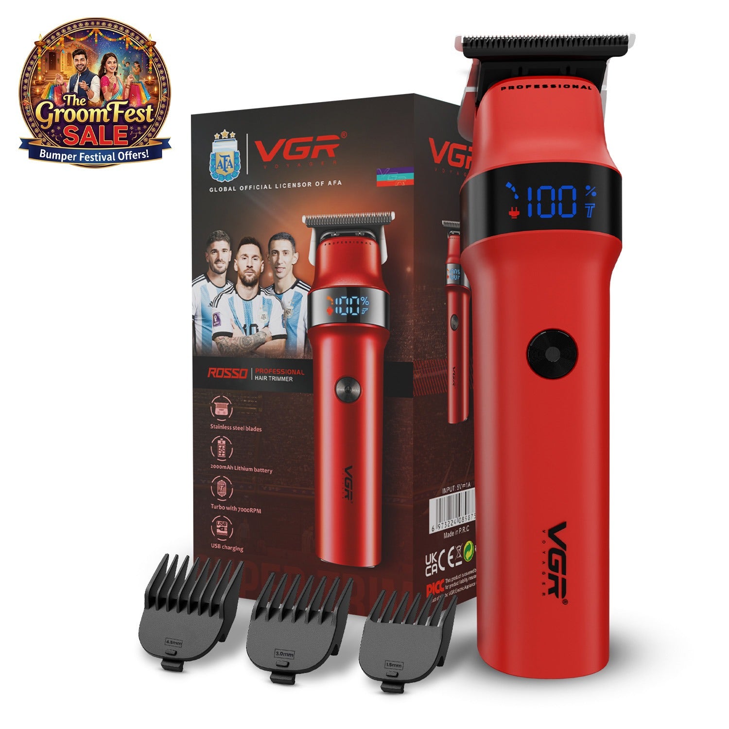 VGR Rosso Professional Beard & Moustache Trimmer for Men (Red)