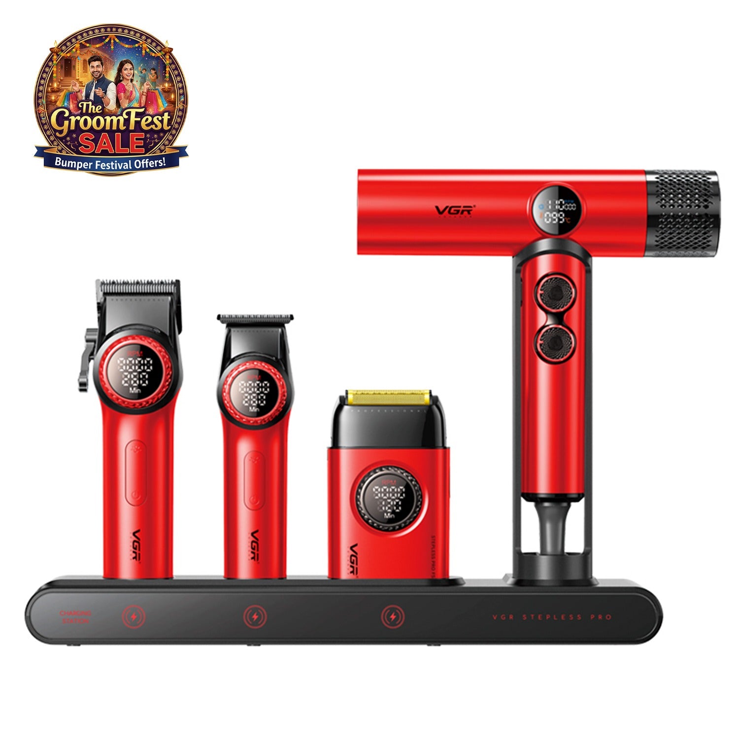 VGR Mr. SUPER POWER Stepless Pro 4-in-1 Barber Series Combo Kit for Salon, Red