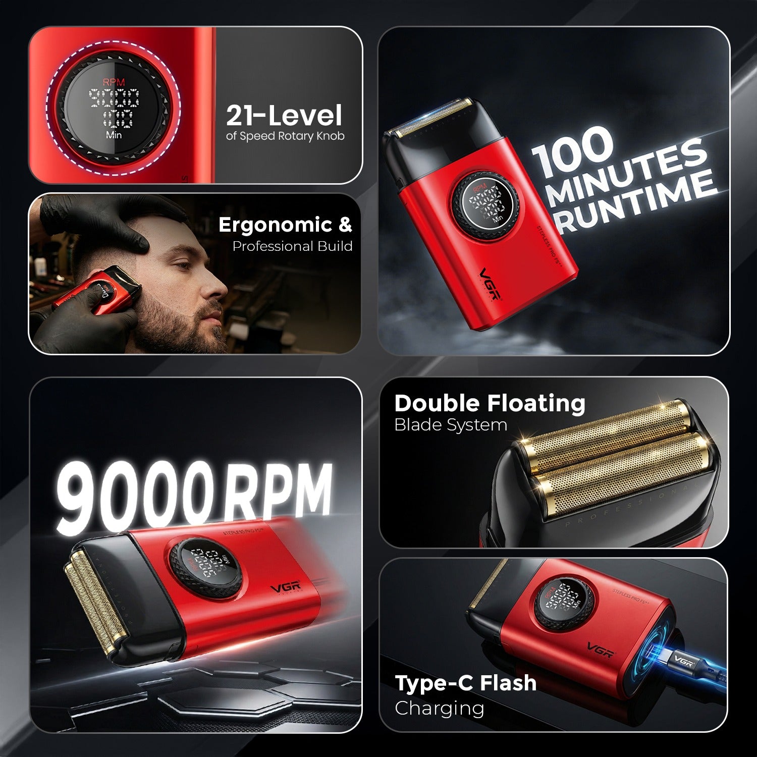 VGR Mr. SUPER POWER Stepless Pro 4-in-1 Barber Series Combo Kit for Salon, Red