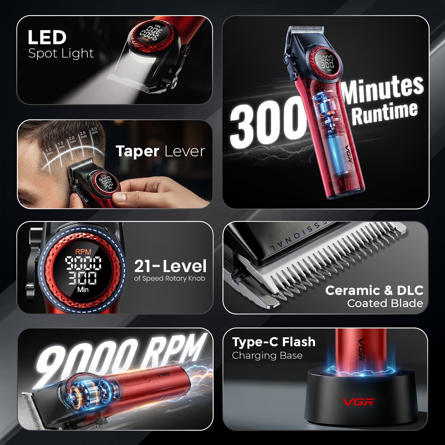 VGR Mr. SUPER POWER Stepless Pro 4-in-1 Barber Series Combo Kit for Salon, Red