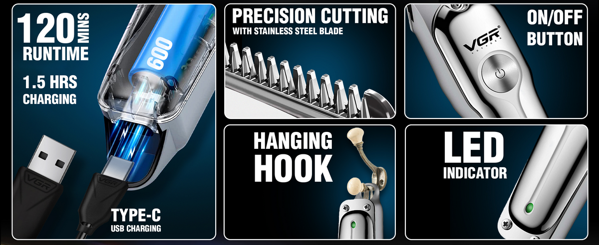 VGR V-071 Professional Hair Trimmer For Men with 120 Min Runtime, Silver
