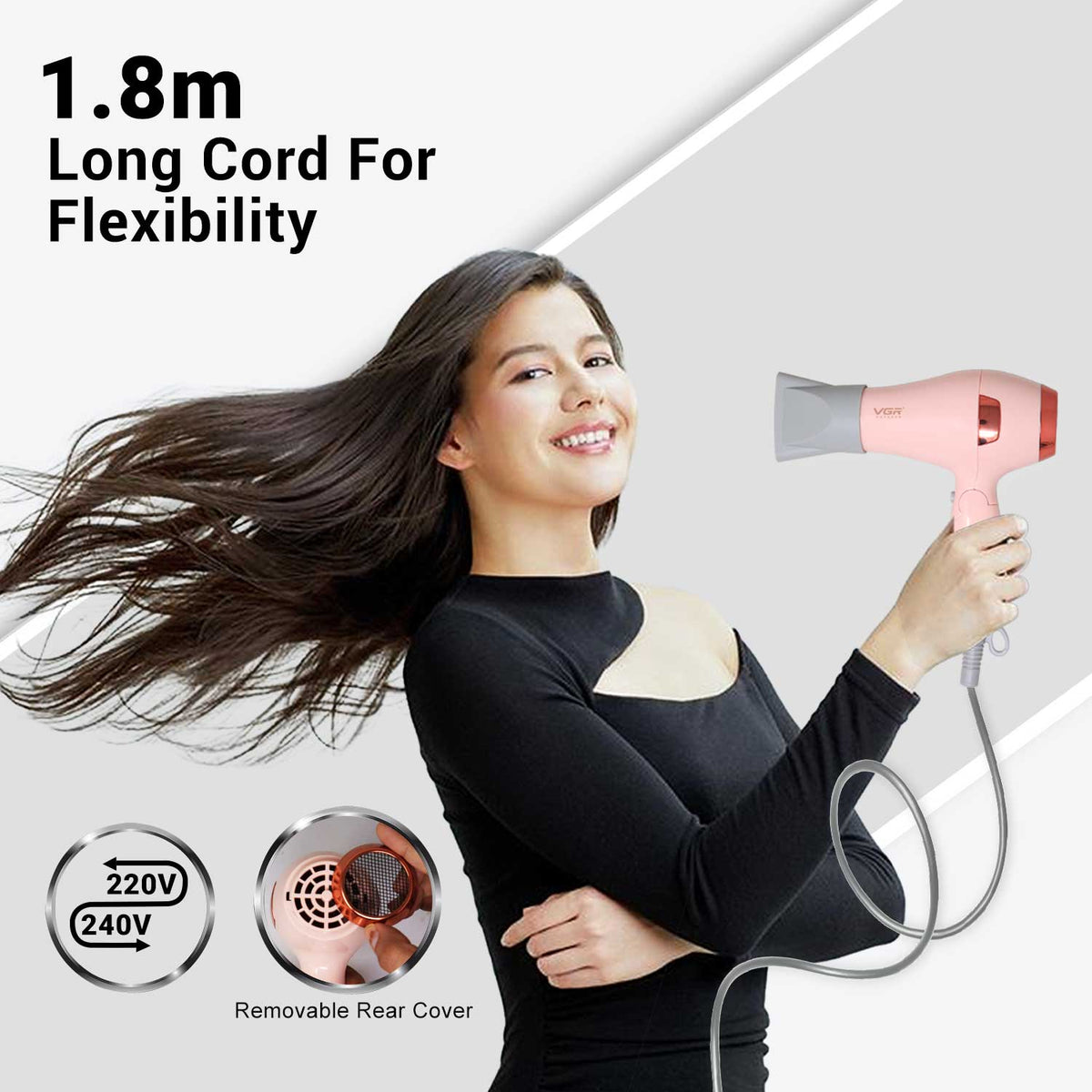 VGR V-432 Foldable Hair Dryer For Women & Men, 2 Speed Settings, Cool Shot,Pink