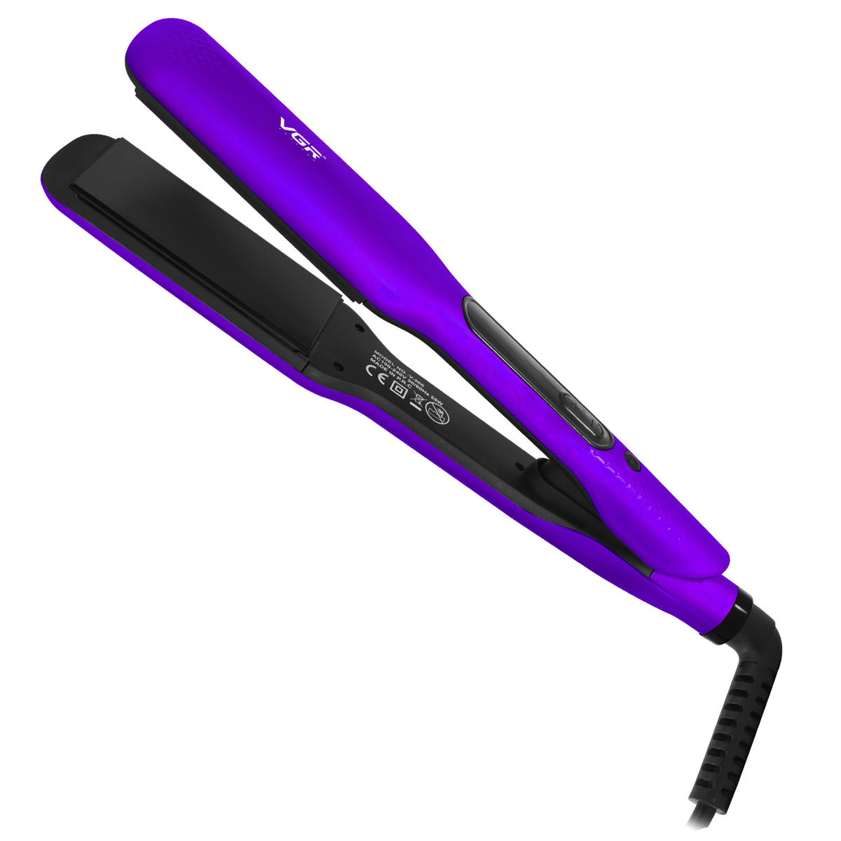 A VGR brand hair straightener shown at an angle on a solid white background. The body of the straightener is a vibrant metallic purple, while the inner plates and cord are black.