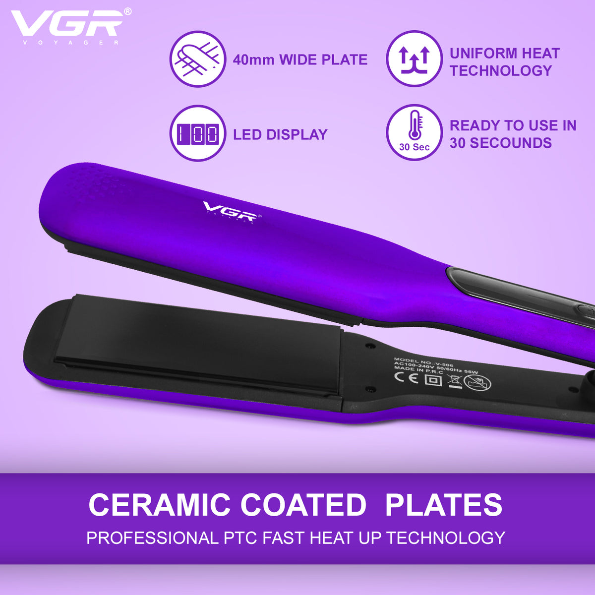 VGR hair straightener with a purple and black body, shown on a light purple background with feature icons and text highlighting ceramic coated plates, LED display, and fast heat-up technology.