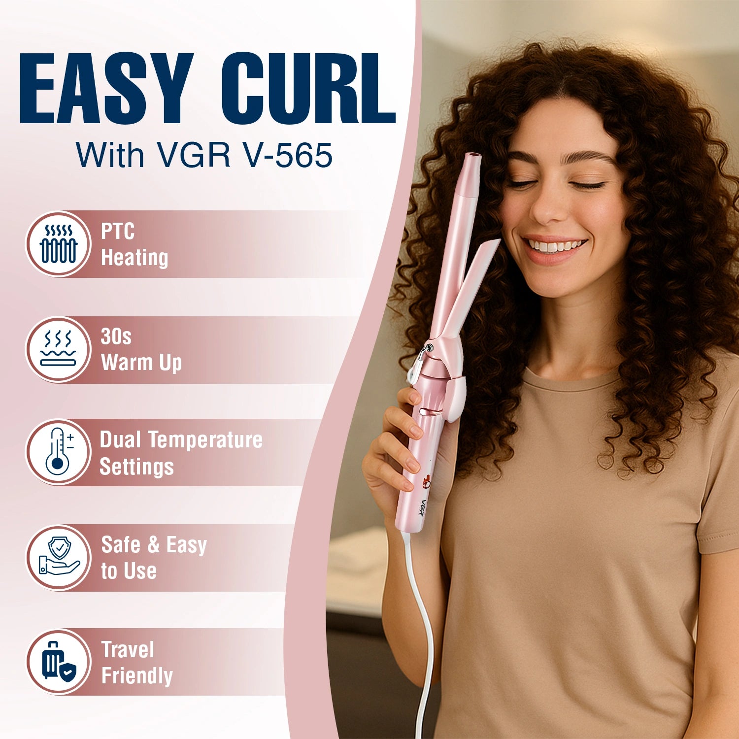 Woman holding a hair straightener with product features listed on the left