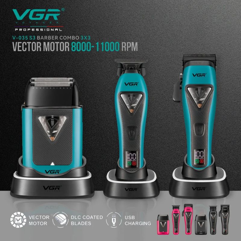 VGR V-035 S3 Professional Barber Combo For Men, 8000-11000 RPM, 3-in-1 Grooming Kit, Blue