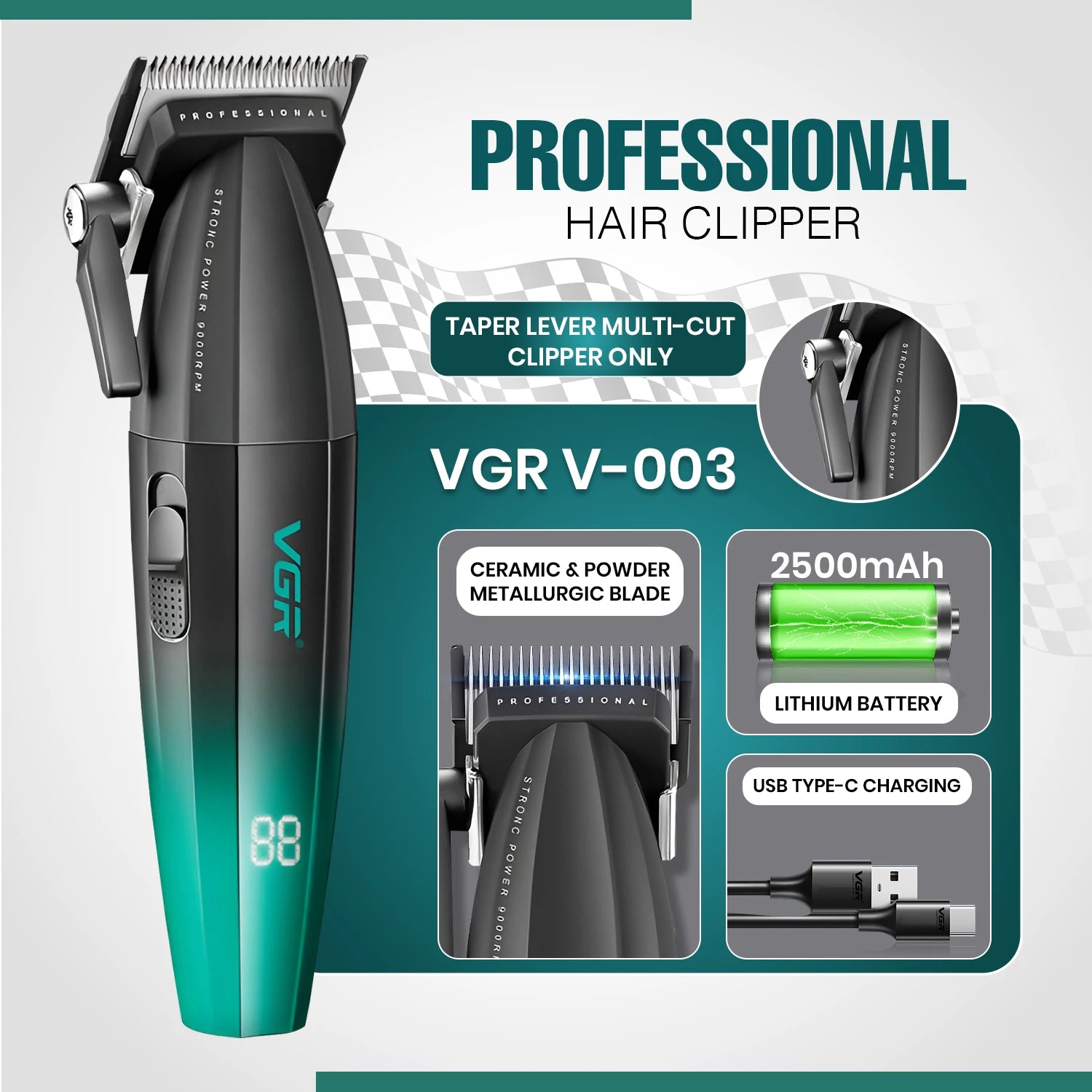 VGR V-003 Professional Hair Clipper For Men, (Black/gold)